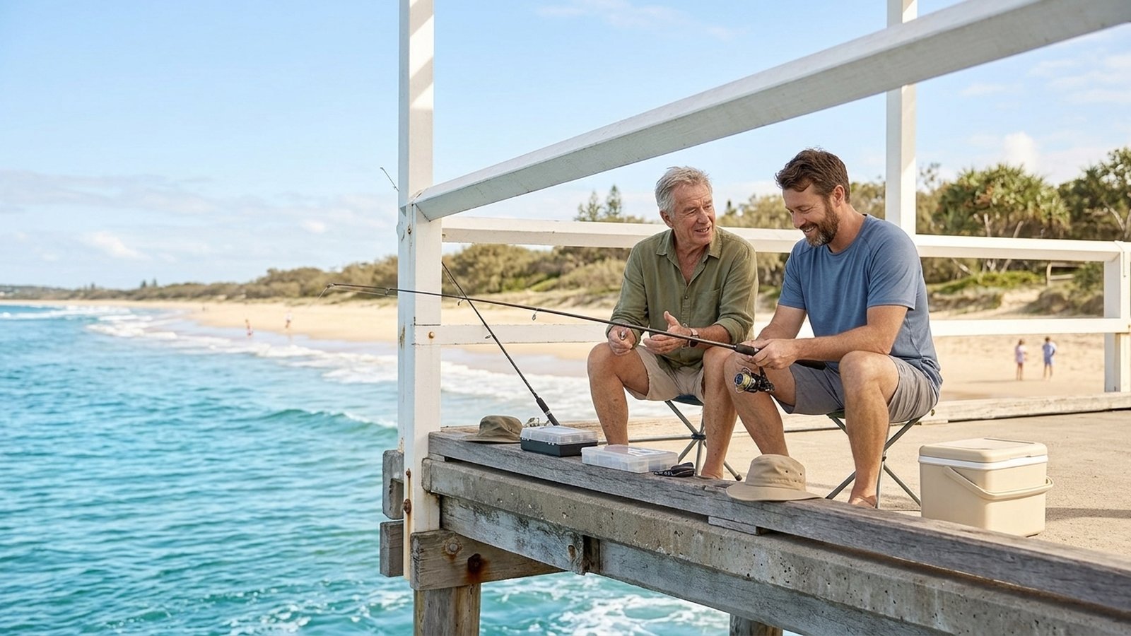 An older man and a younger man fish together from a timber jetty over blue water.
