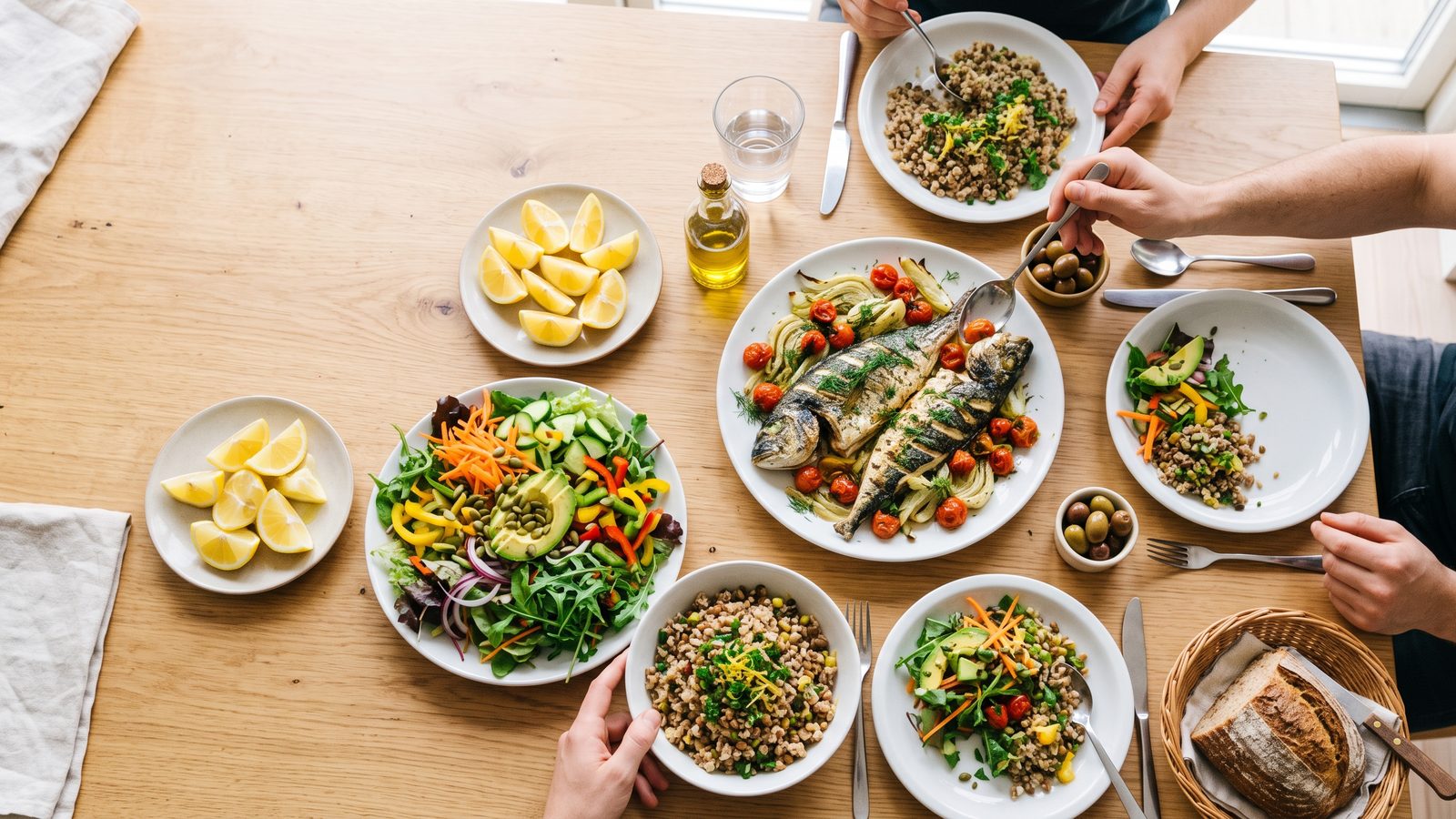 Overhead view of a shared lunch of grilled fish, salad and grains on a sunny table.