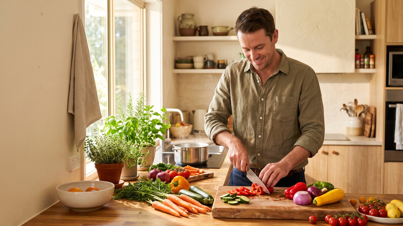 A man chops fresh vegetables at a bright kitchen bench.