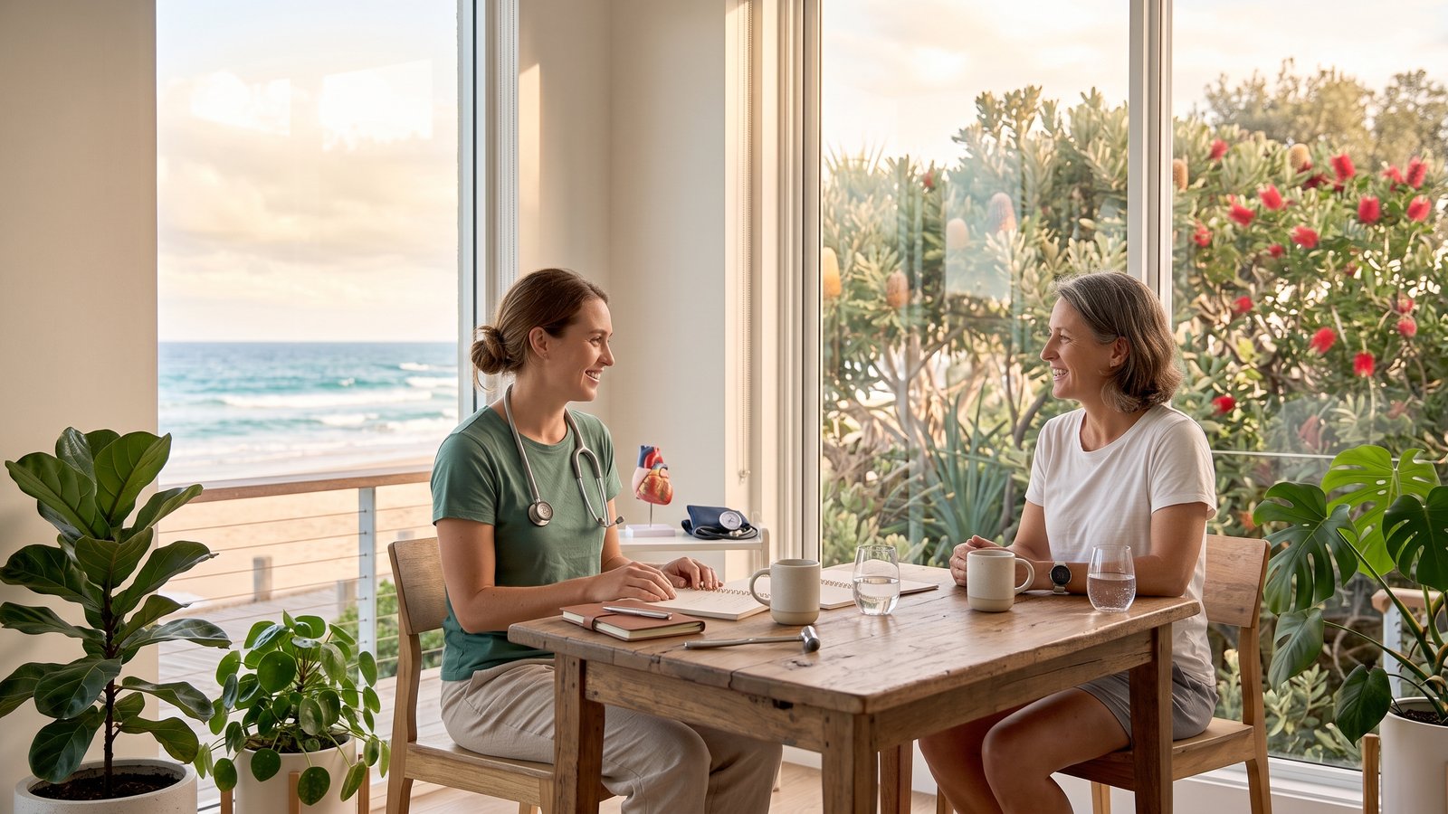 A woman chats with a clinician at a sunny table in a bright consulting room.