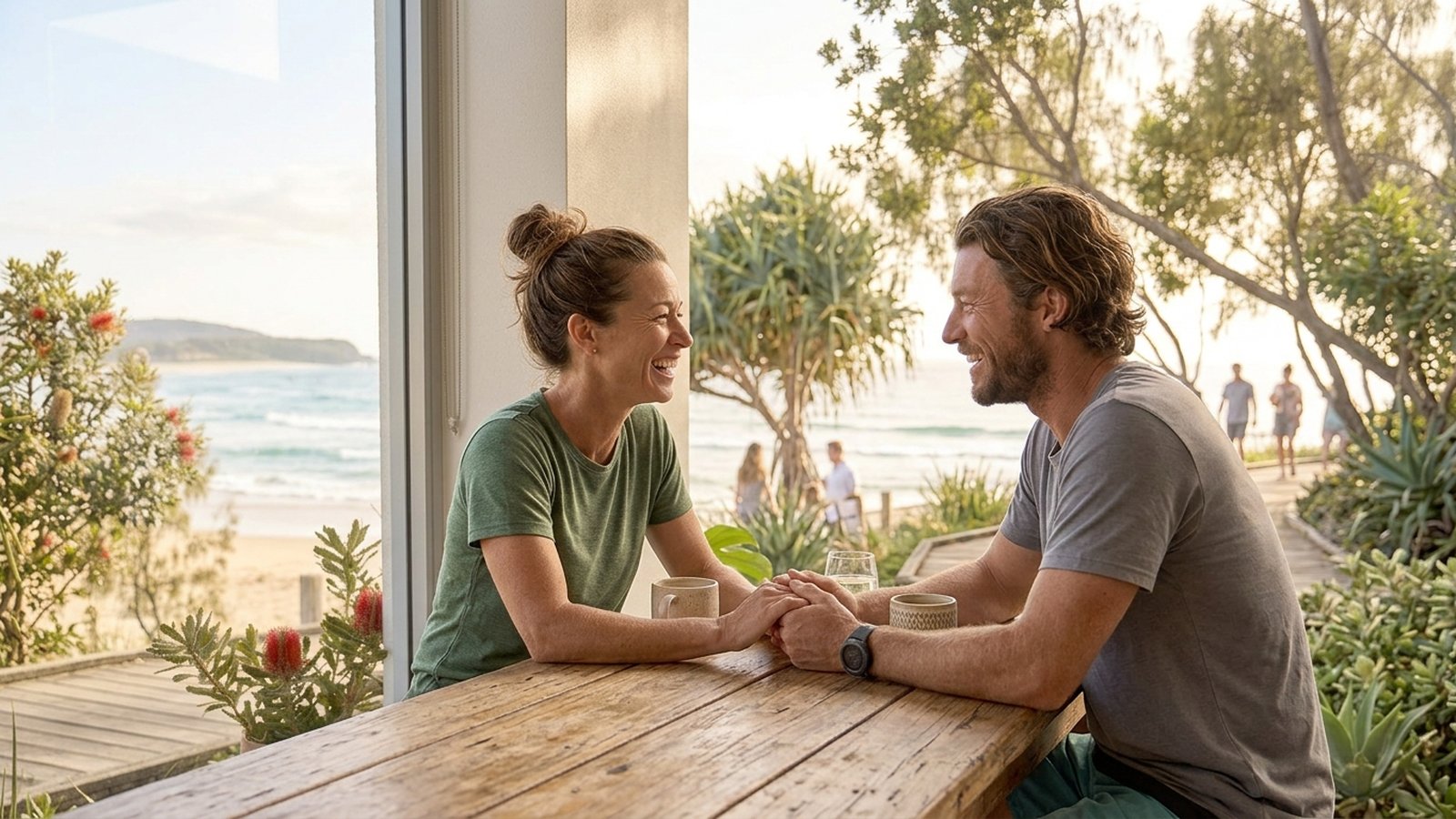 Two people hold hands across a sunny cafe table by the beach.
