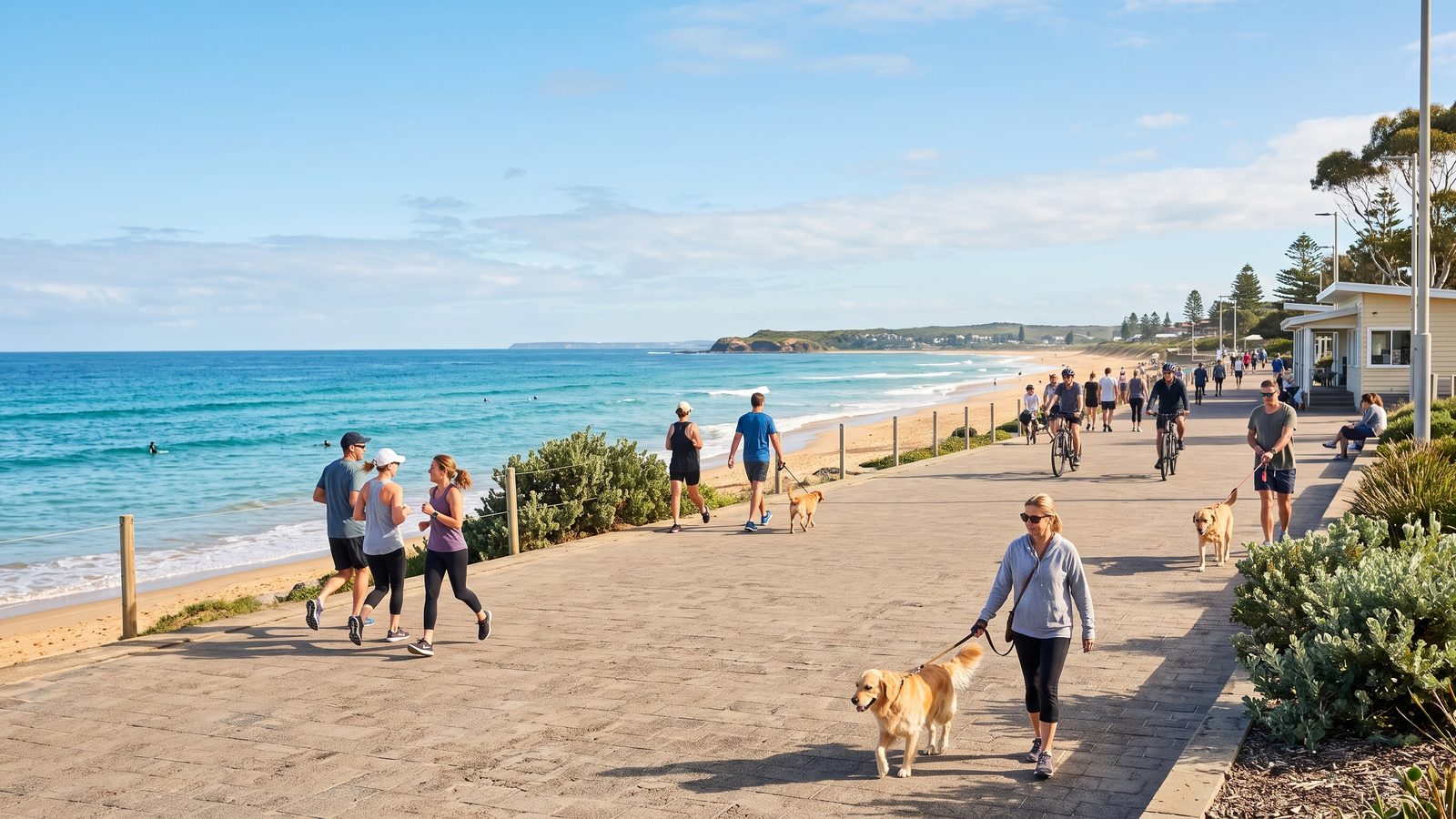 Joggers, cyclists and dog walkers share a sunny beachside promenade beside the ocean.