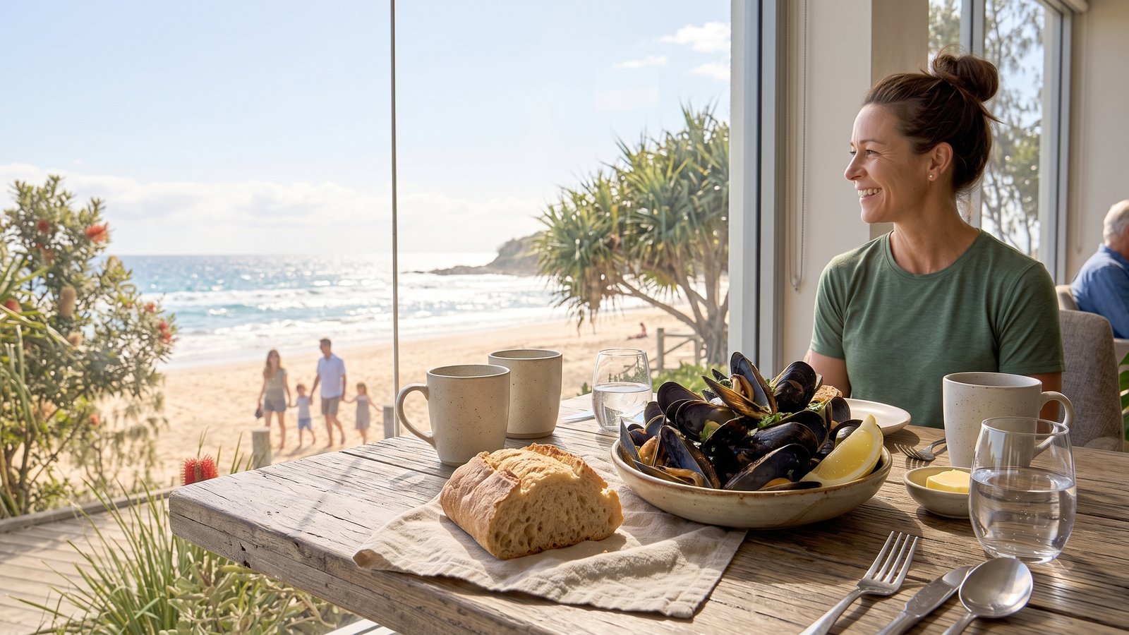 A woman sits at a sunny seaside table with a bowl of mussels and bread.