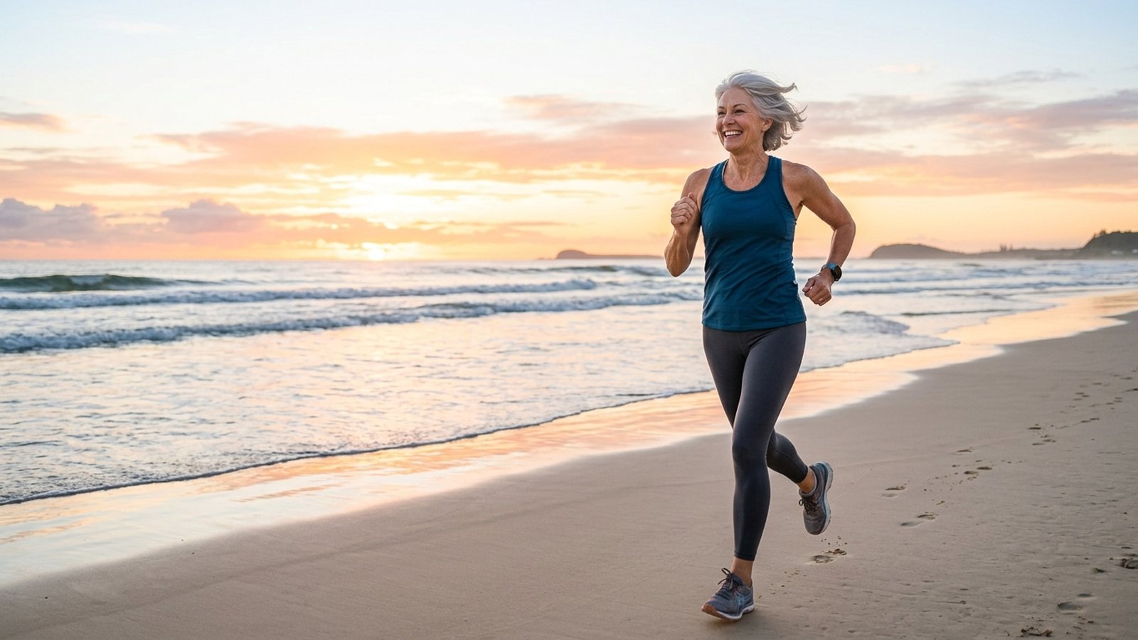 A silver-haired woman jogs along the beach at sunrise with a big smile.