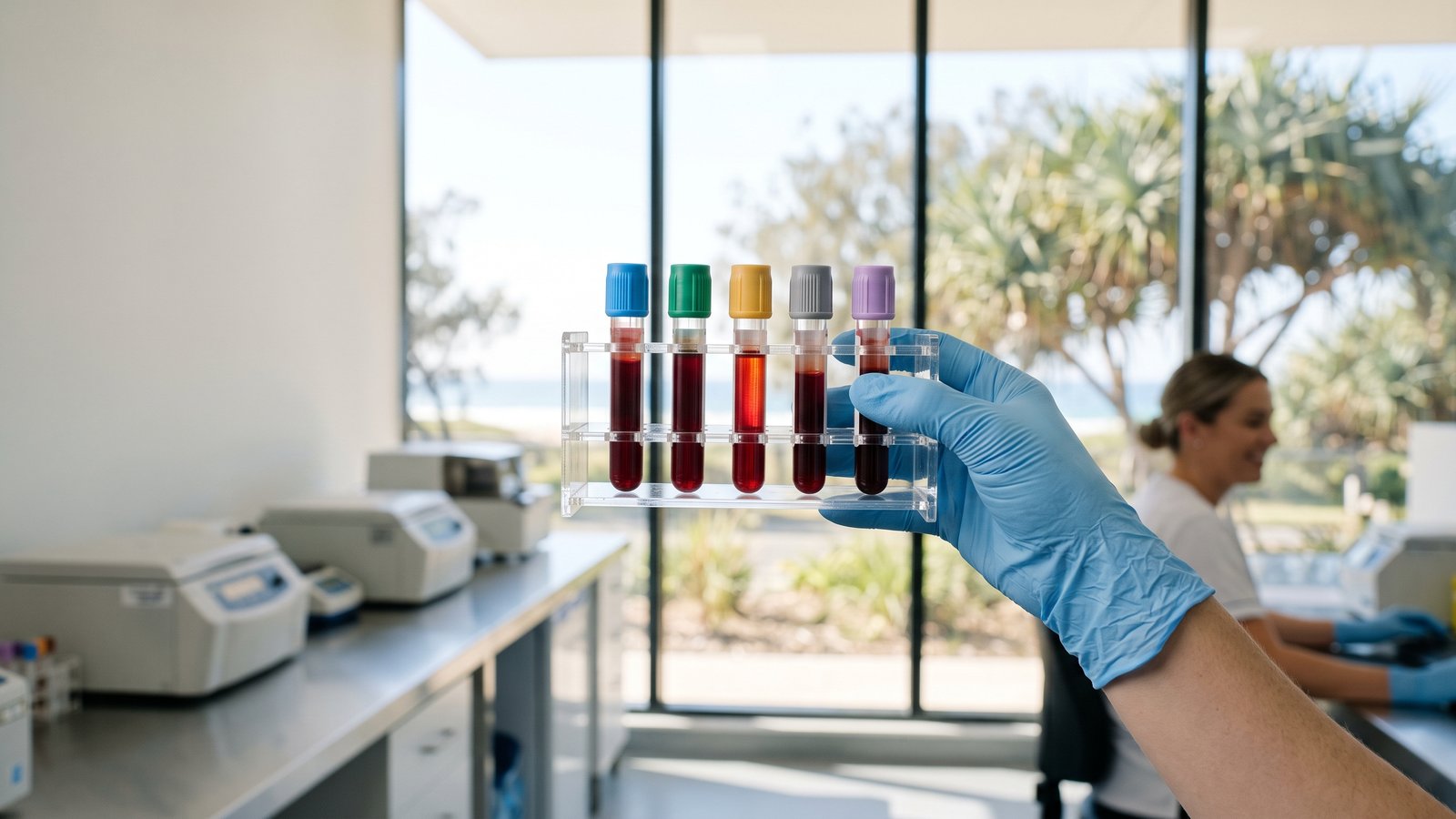 A gloved hand holds a rack of five blood sample tubes with coloured caps up to a bright lab window.