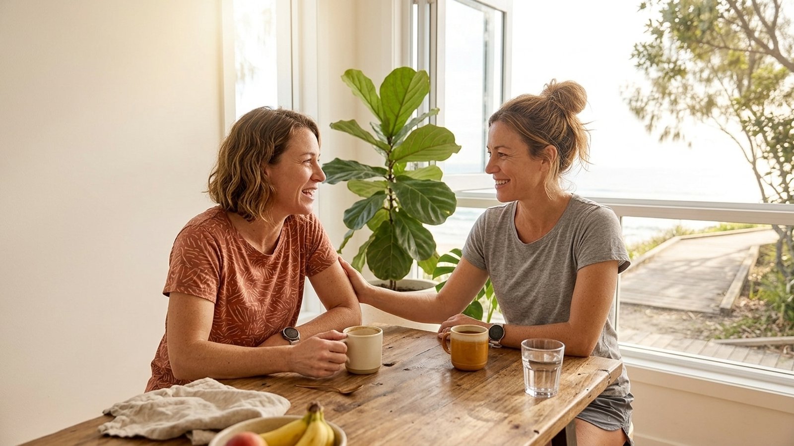 Two friends talk warmly over coffee at a sunny table by the beach.