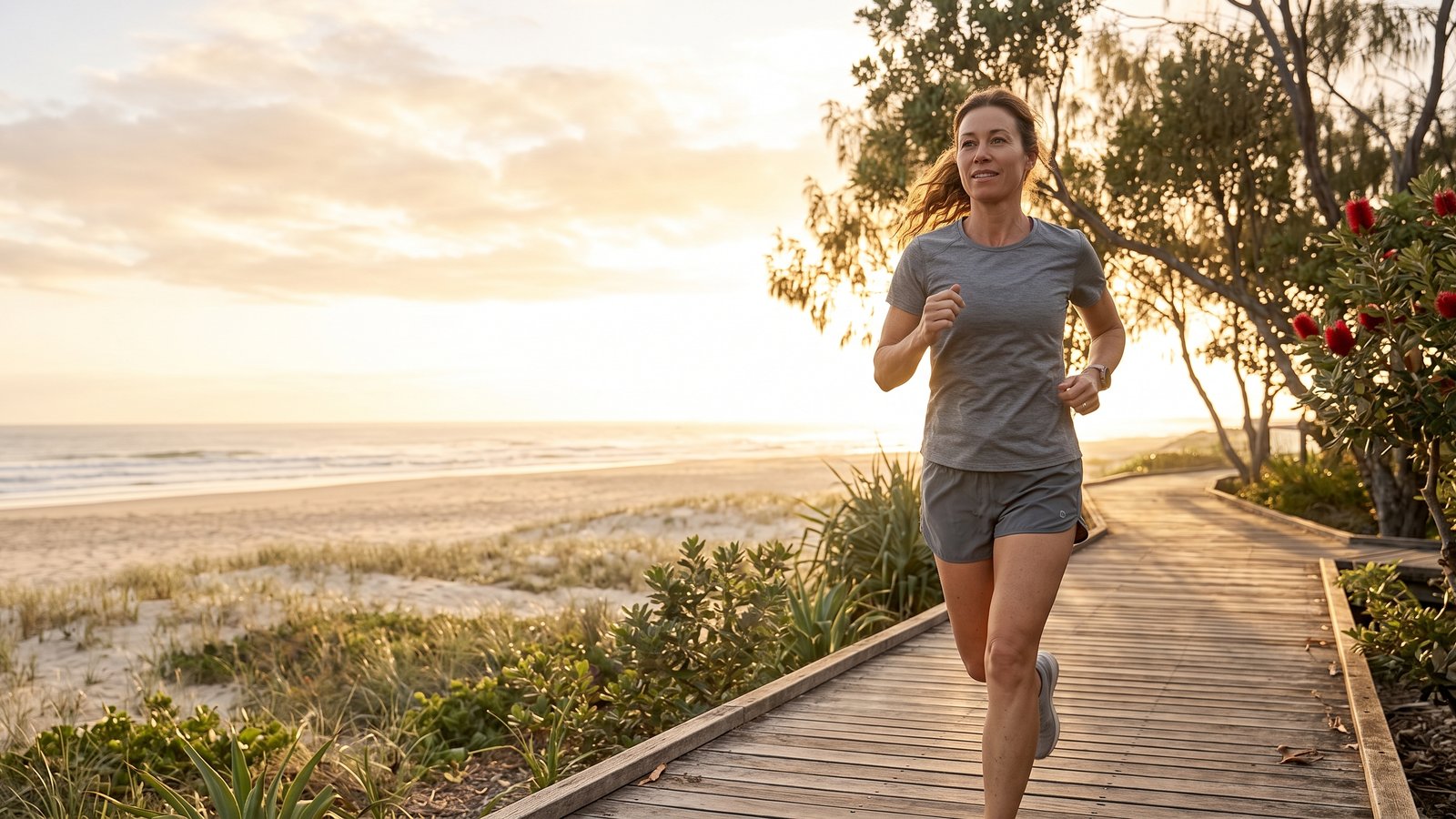A woman runs along a coastal boardwalk at sunrise.