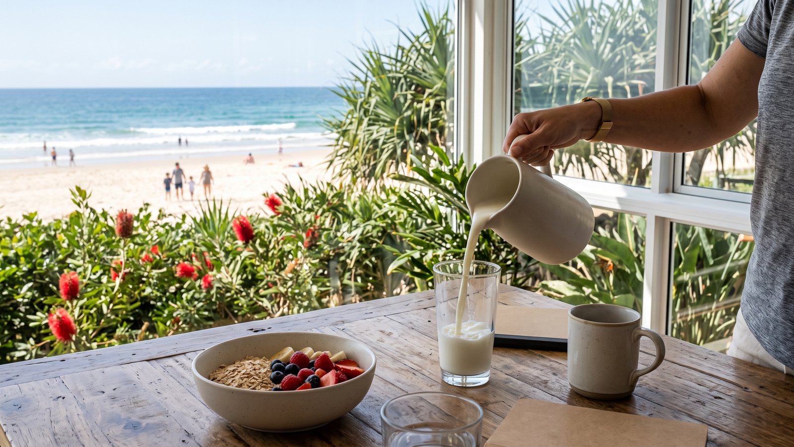 Milk is poured into a glass on a sunny breakfast table with a bowl of oats and fruit.