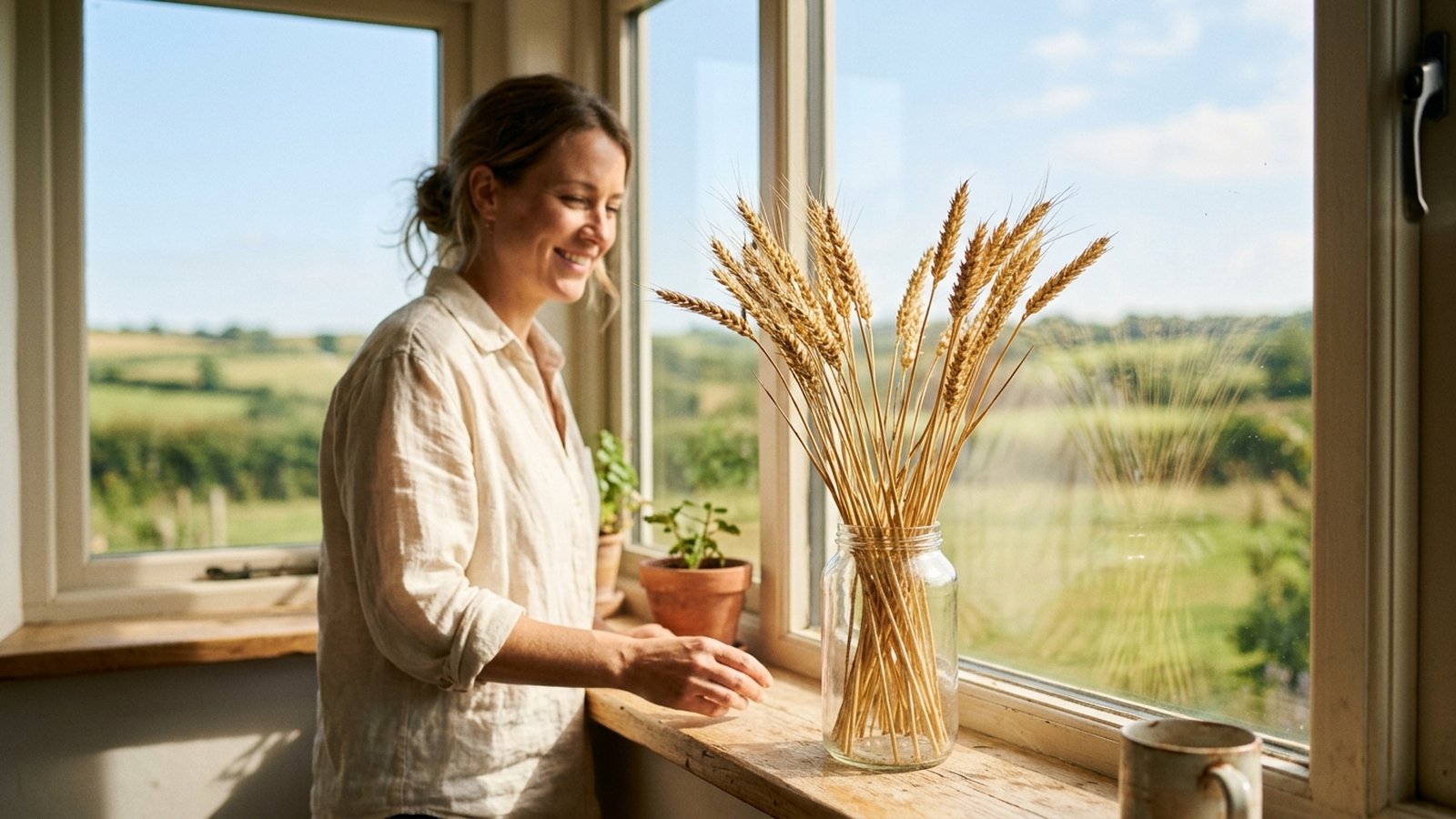 A woman arranges a bunch of wheat stalks in a jar on a sunny windowsill.