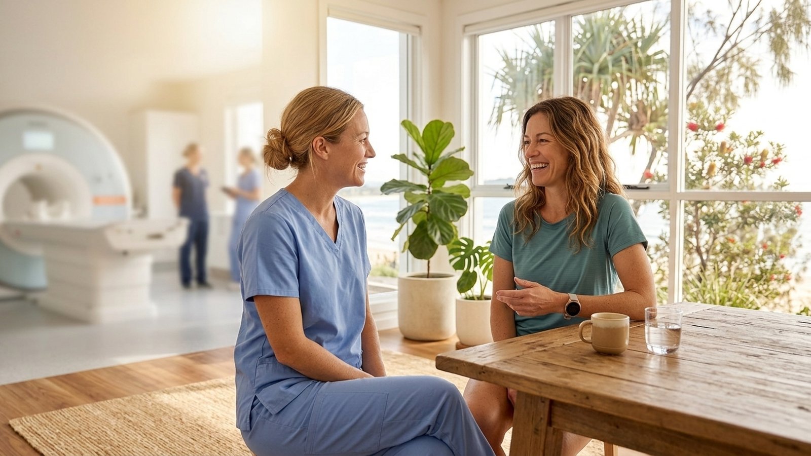 A patient chats with a friendly radiographer in a bright imaging suite.