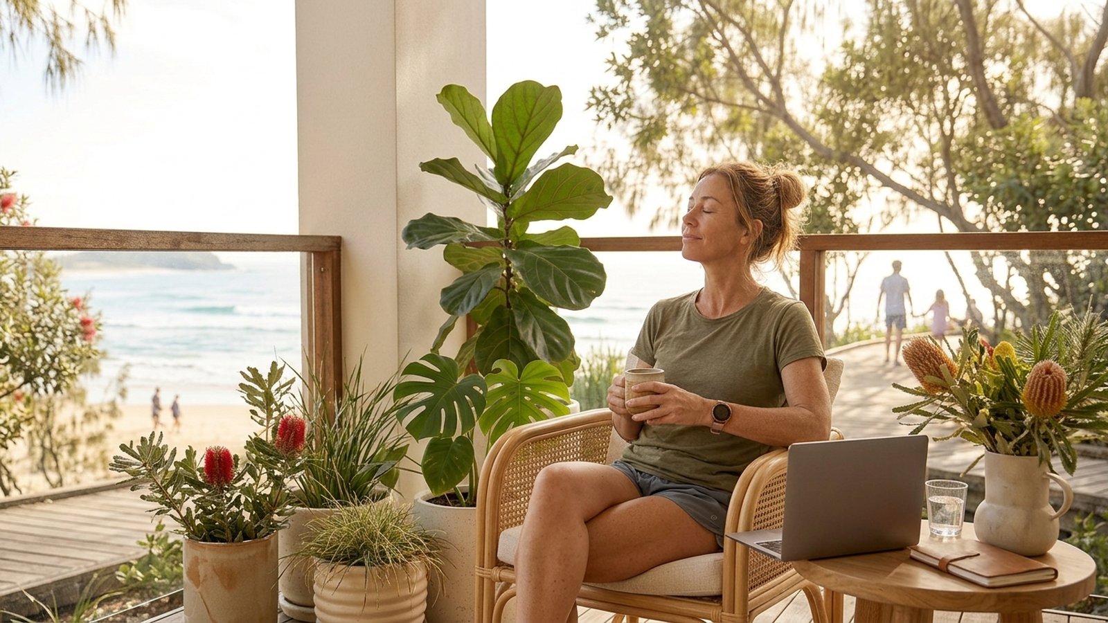 A woman takes a calm breath with her eyes closed on a sunny balcony, coffee in hand and laptop closed.
