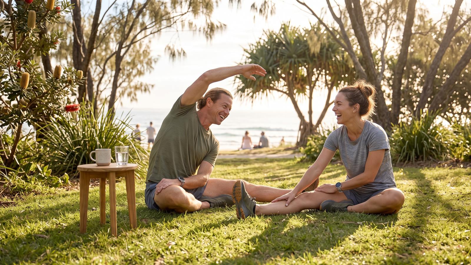 Two people stretch on the grass after a run in a sunny park.