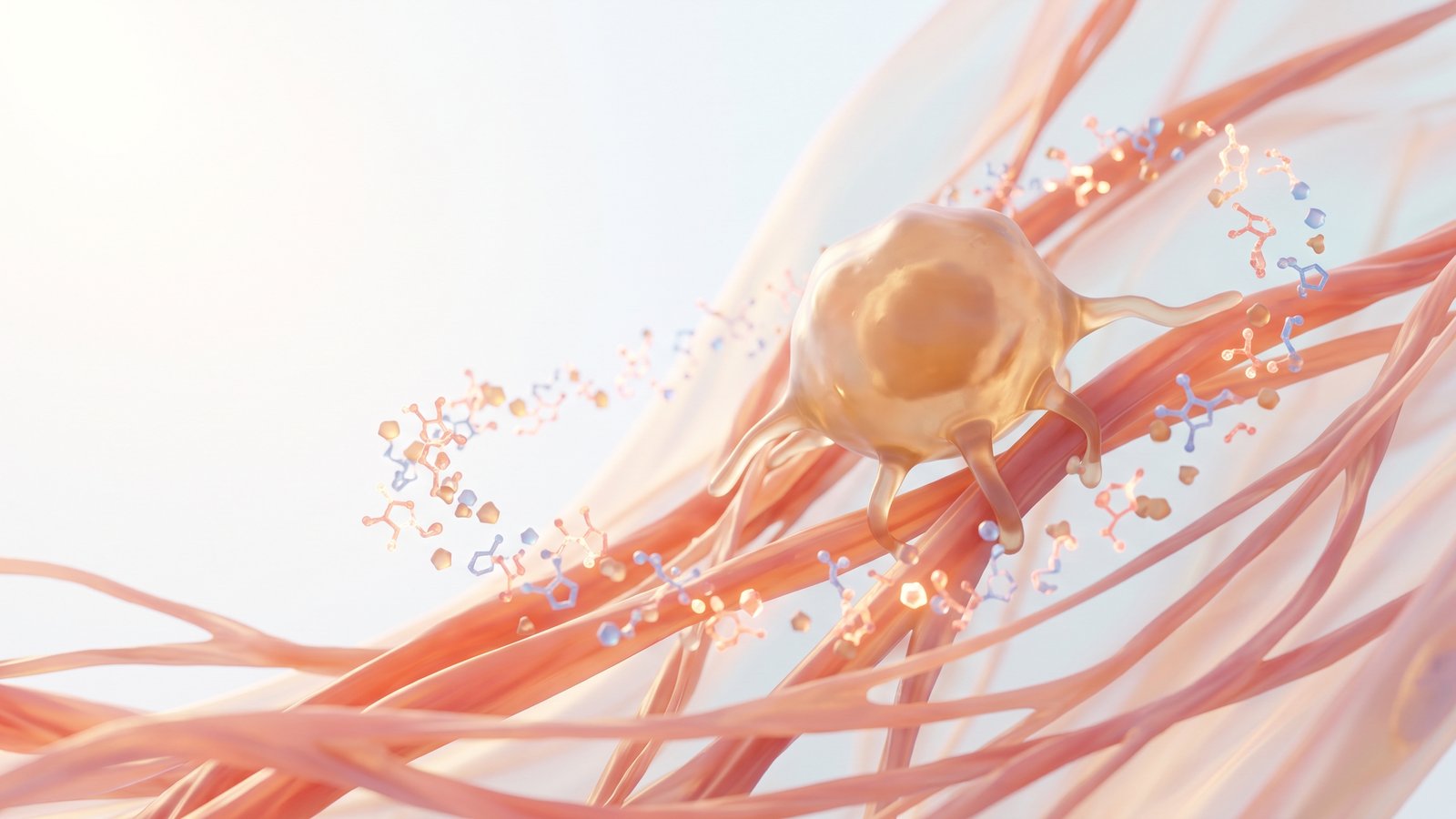 Scientific illustration of an immune cell moving through tissue surrounded by signalling molecules.