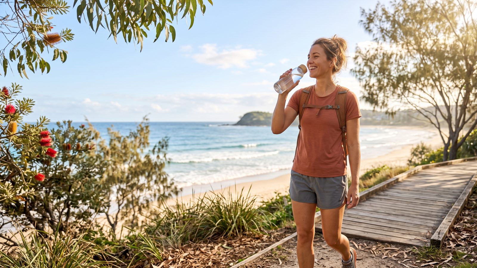A runner drinks from a water bottle after a run beside the beach.