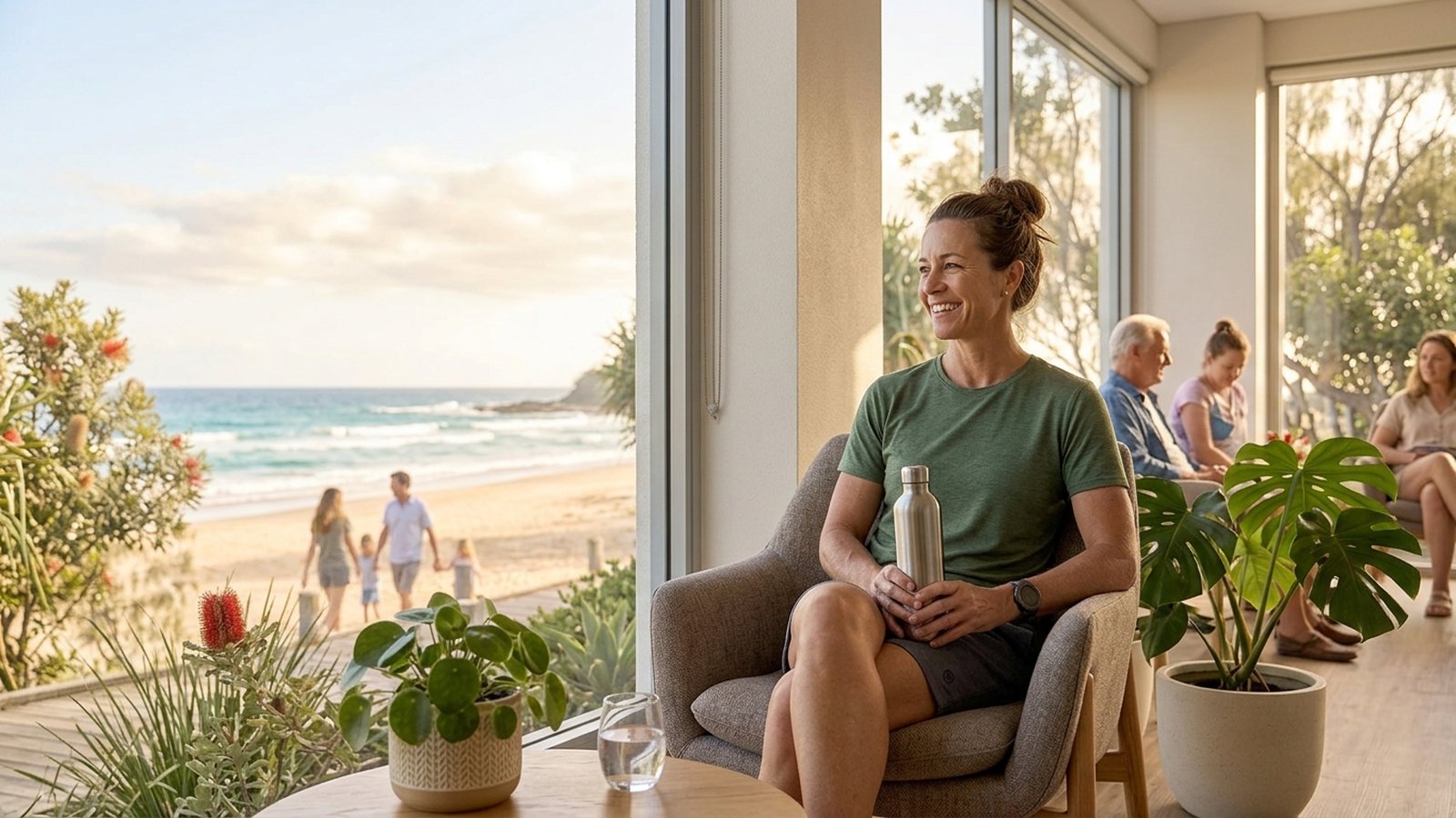 A woman relaxes with a water bottle in a bright collection centre waiting area overlooking the beach.