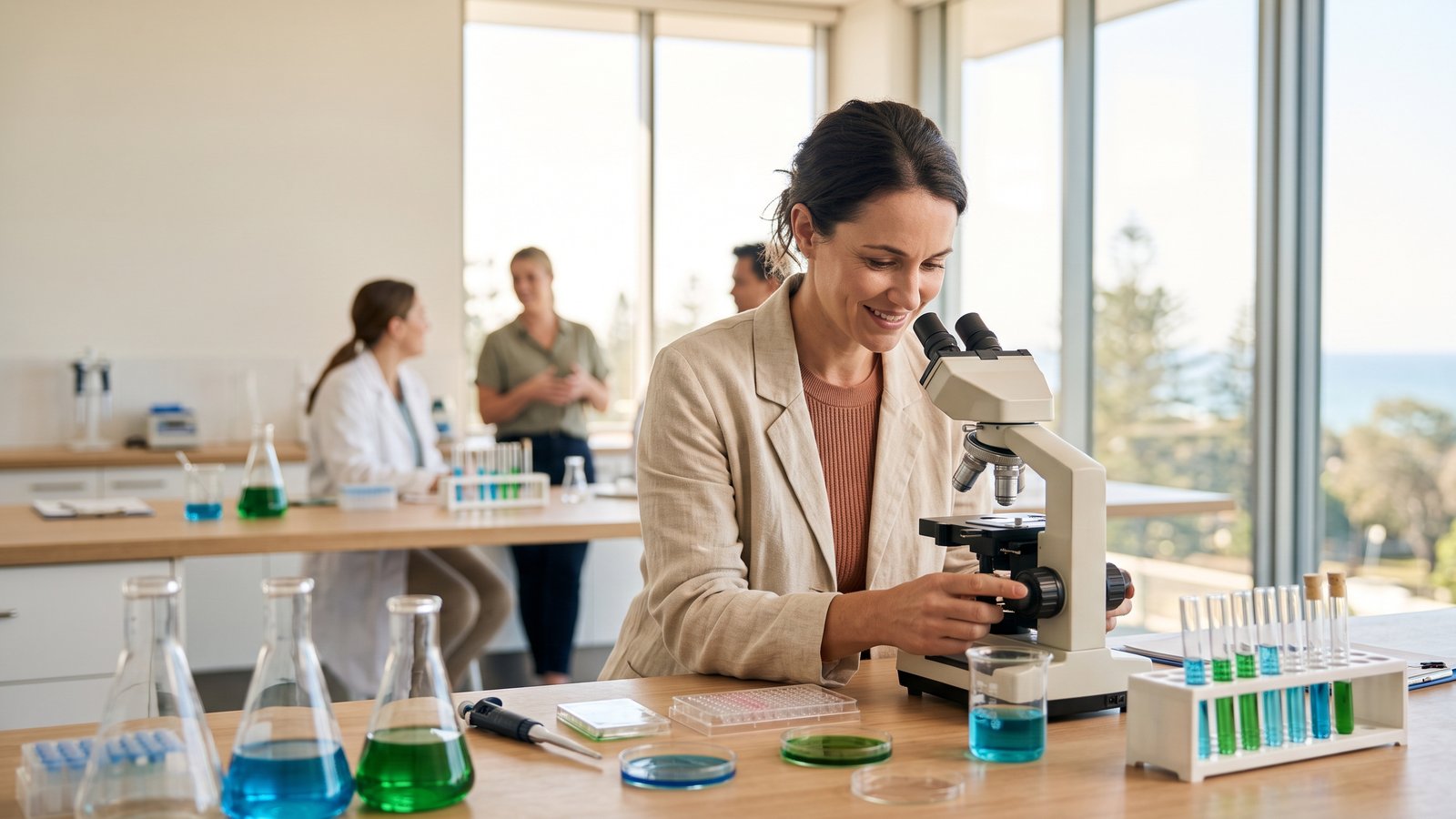 A scientist looks into a microscope in a bright lab overlooking the sea.