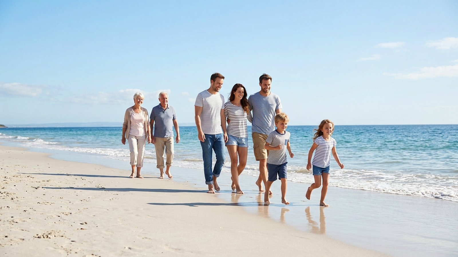 A family of three generations walks along a bright beach with children running ahead.