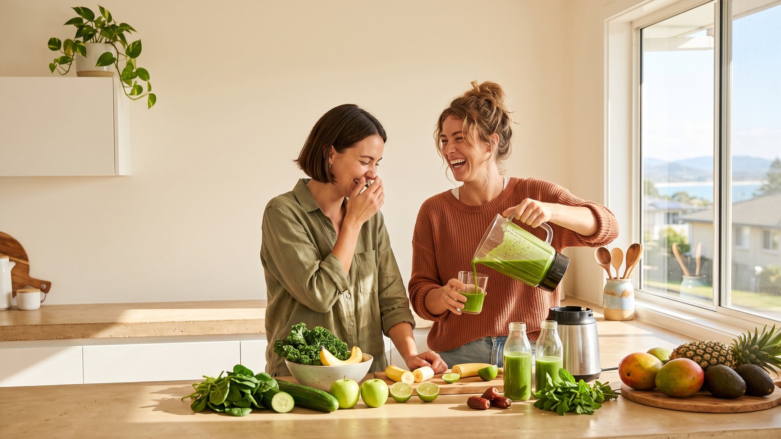 Two friends laugh while pouring green smoothies in a sunny kitchen.