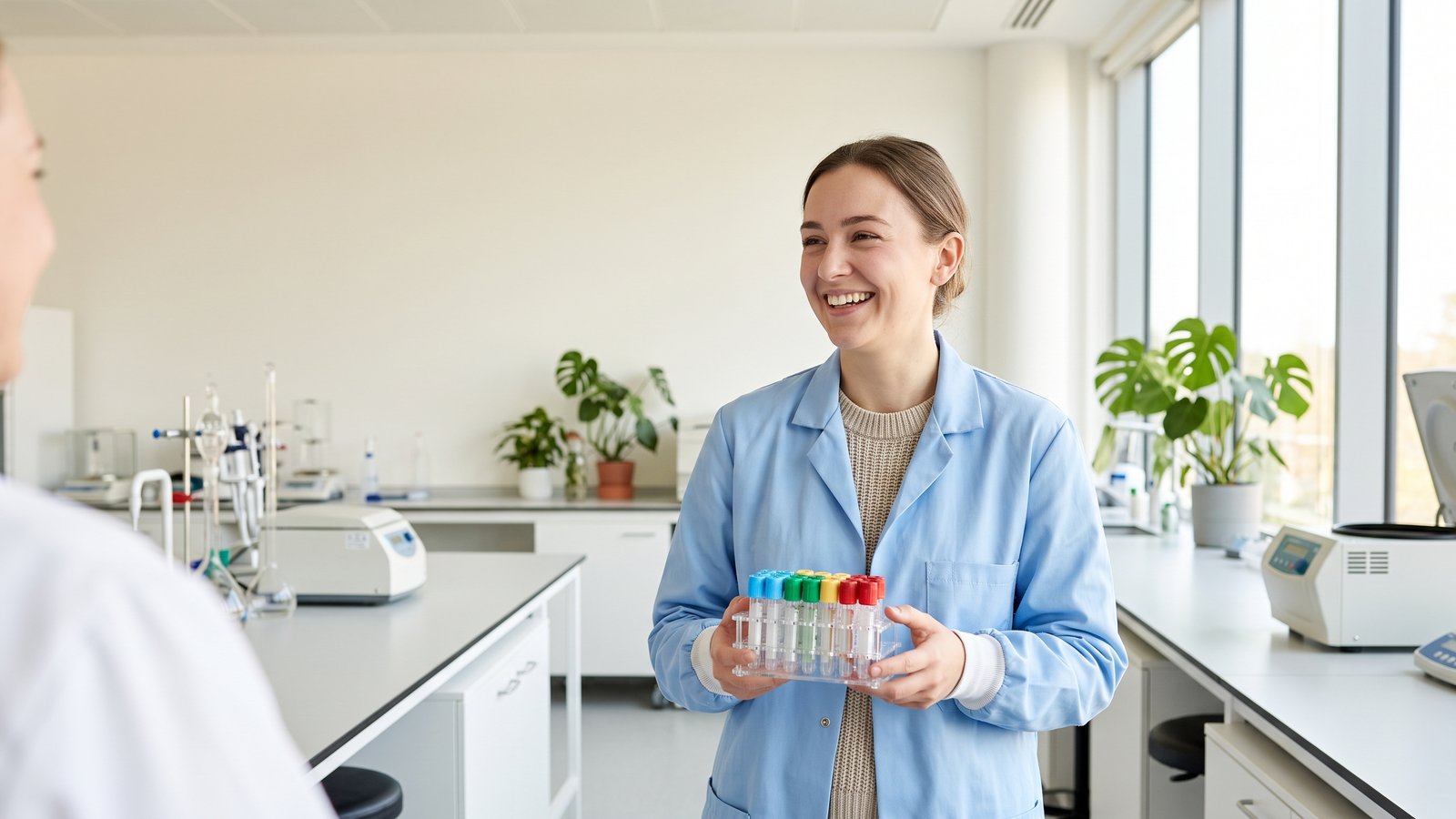 A smiling lab technician holds a rack of sample tubes in a bright, modern laboratory.
