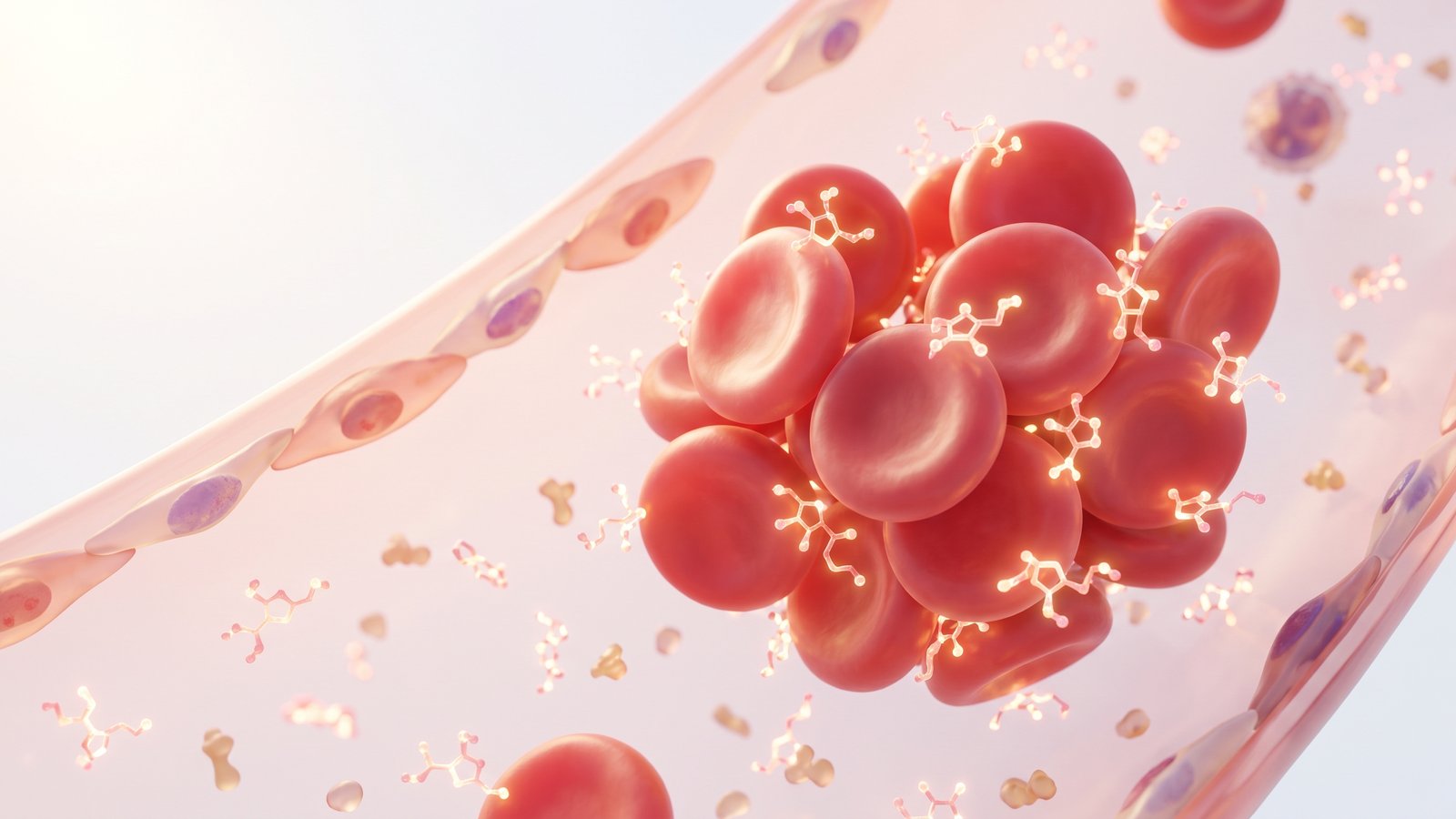 Scientific illustration of red blood cells with small sugar molecules attached to their surfaces.