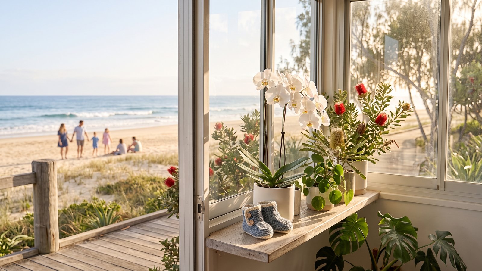 Tiny knitted baby booties sit on a sunny windowsill beside an orchid, with a beach outside.