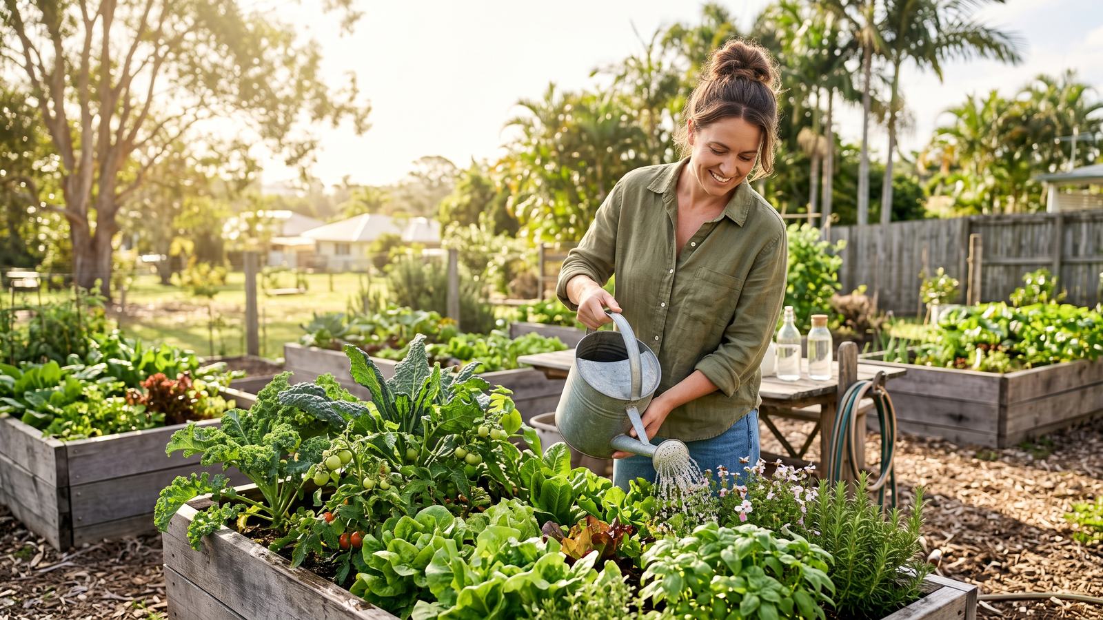 A woman waters raised vegetable beds in a sunny backyard garden.