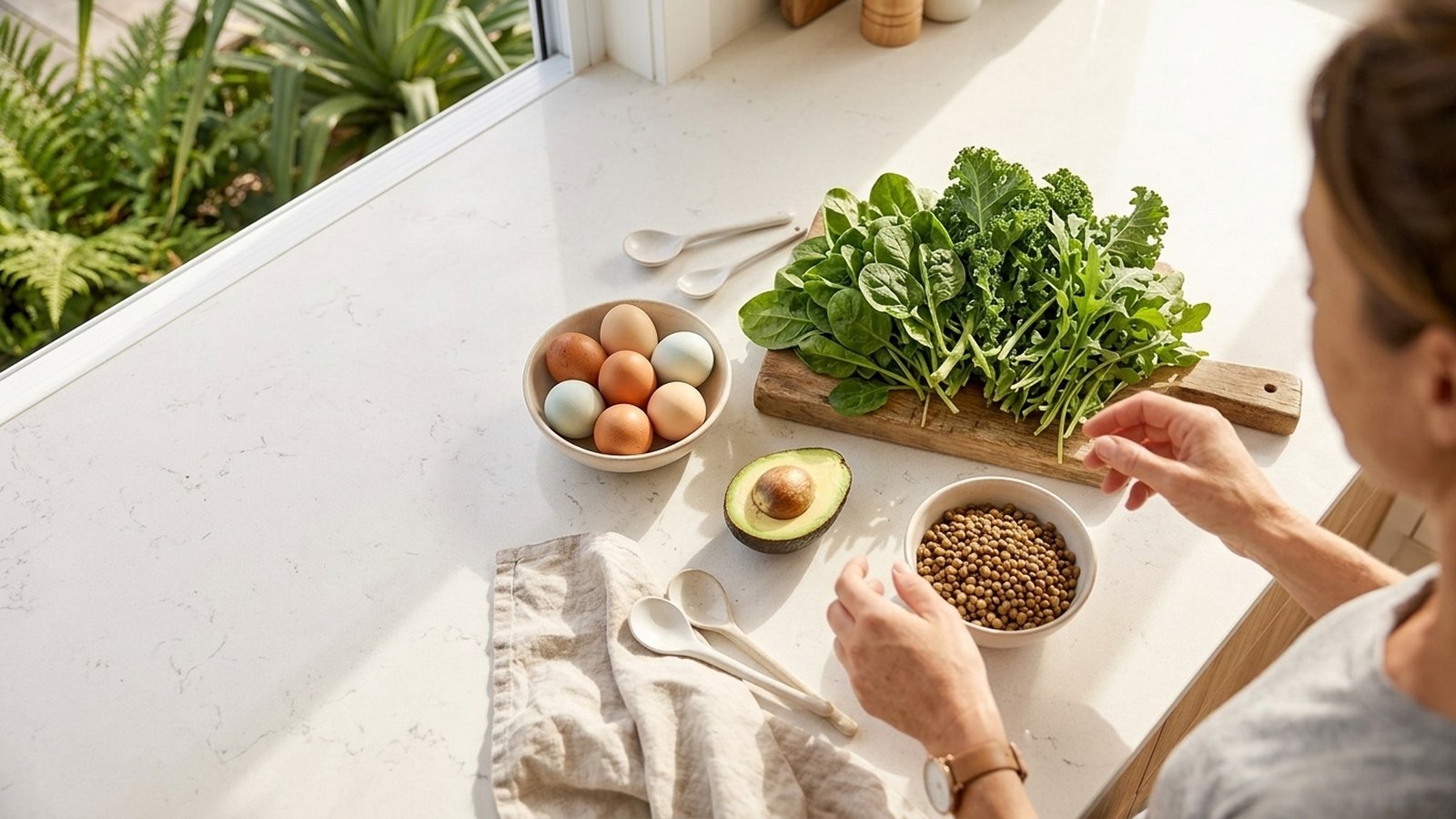 Overhead view of eggs, leafy greens, avocado and lentils on a bright kitchen bench.