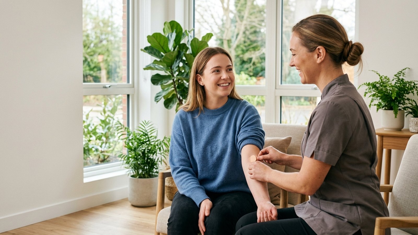 A phlebotomist presses a small dressing to a smiling patient's arm in a bright collection room.