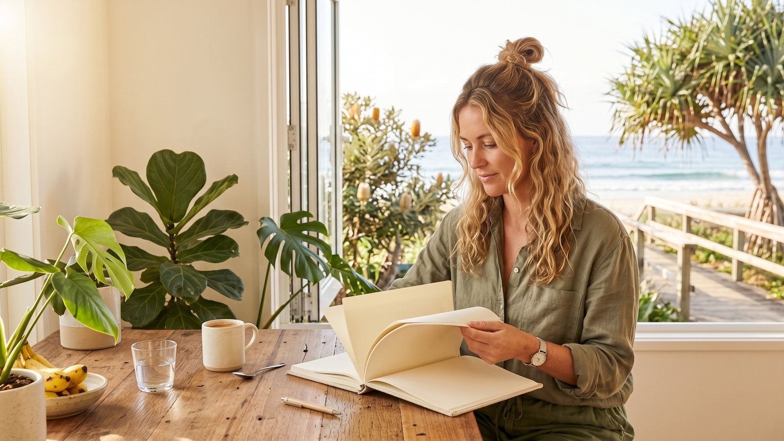 A woman flips through a paper planner at a bright desk overlooking the sea.