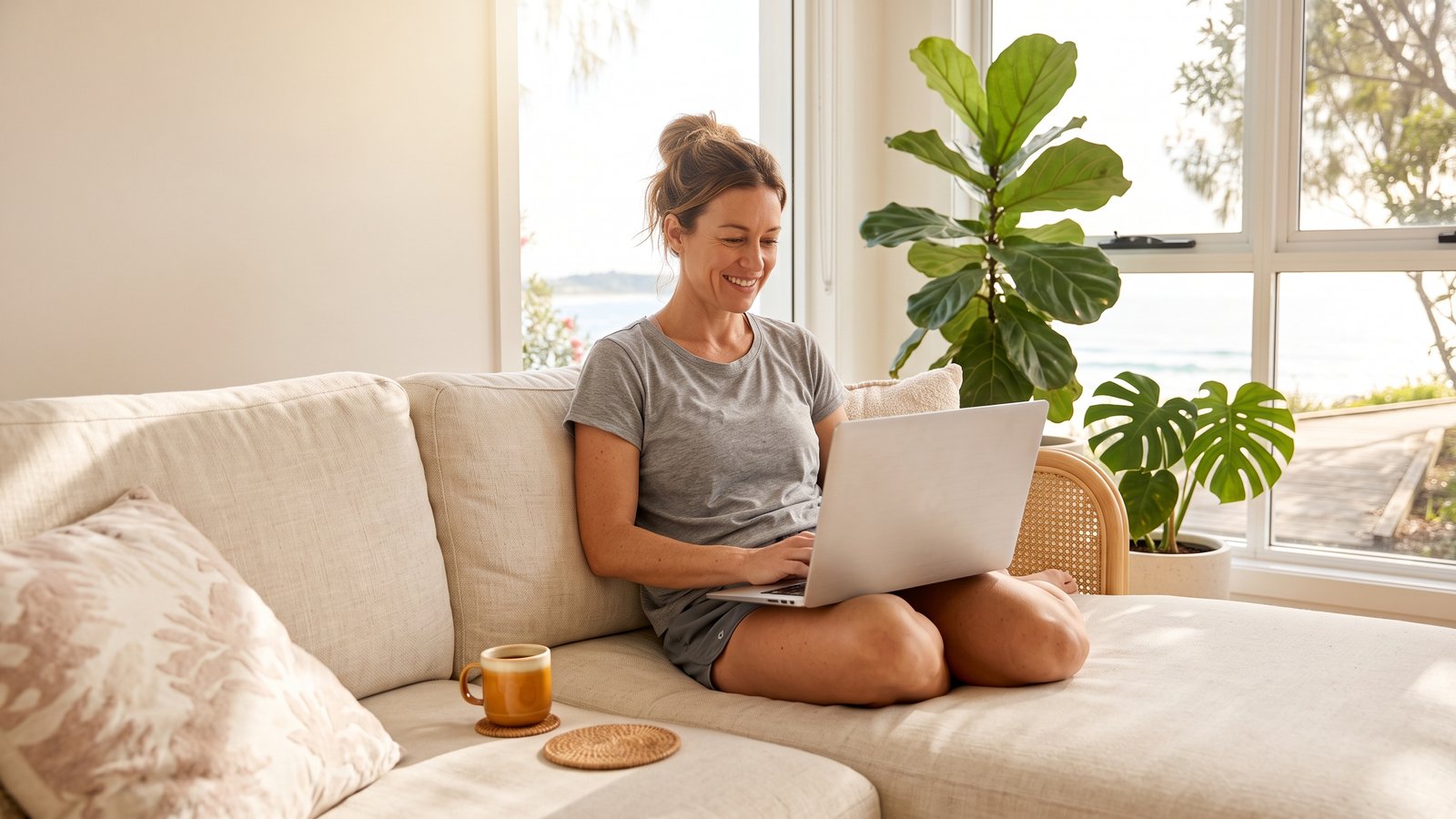 A woman relaxes on a couch with a laptop in a bright room with sea views and indoor plants.