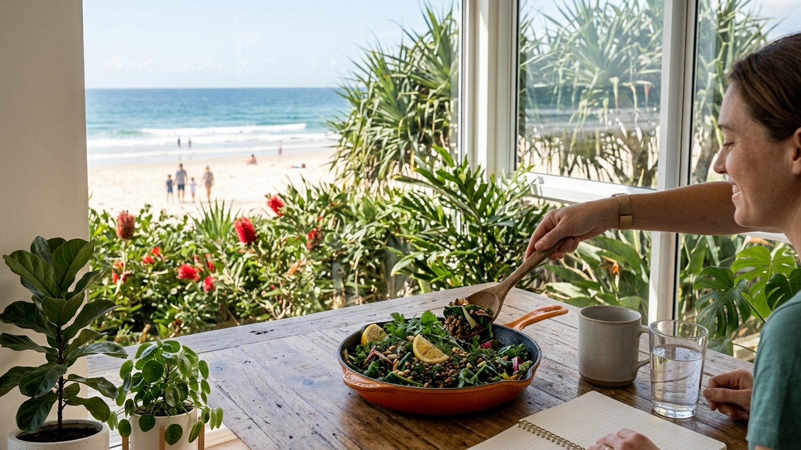 A woman serves greens from a skillet at a bright table overlooking the beach.