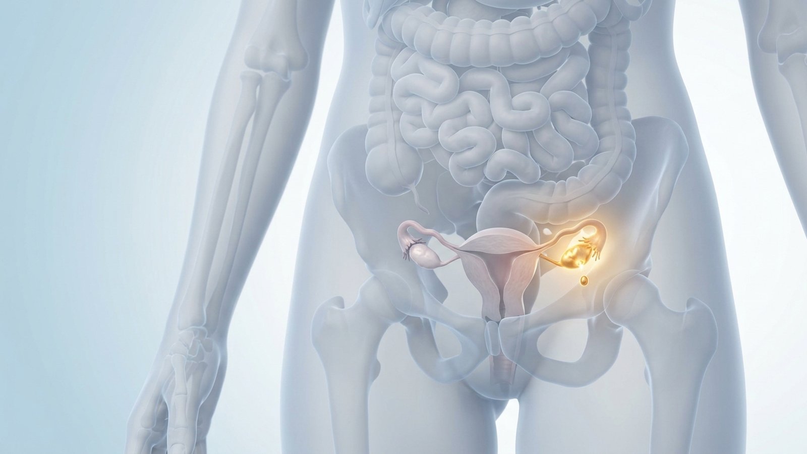 Anatomical illustration of a translucent female pelvis with one ovary glowing as an egg is released.