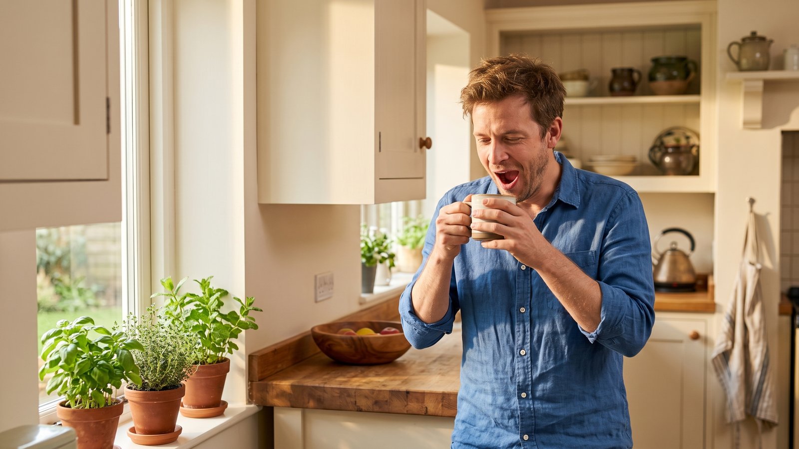 A man yawns over a coffee at a sunny kitchen bench with herbs on the windowsill.