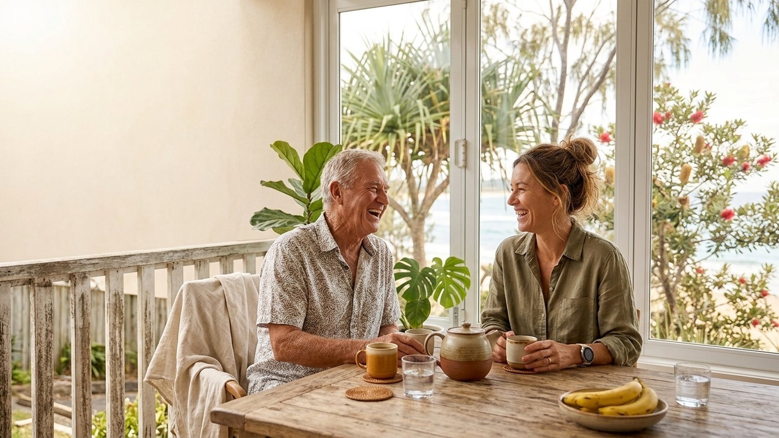 A grandfather and his adult granddaughter laugh together over tea on a sunny verandah.