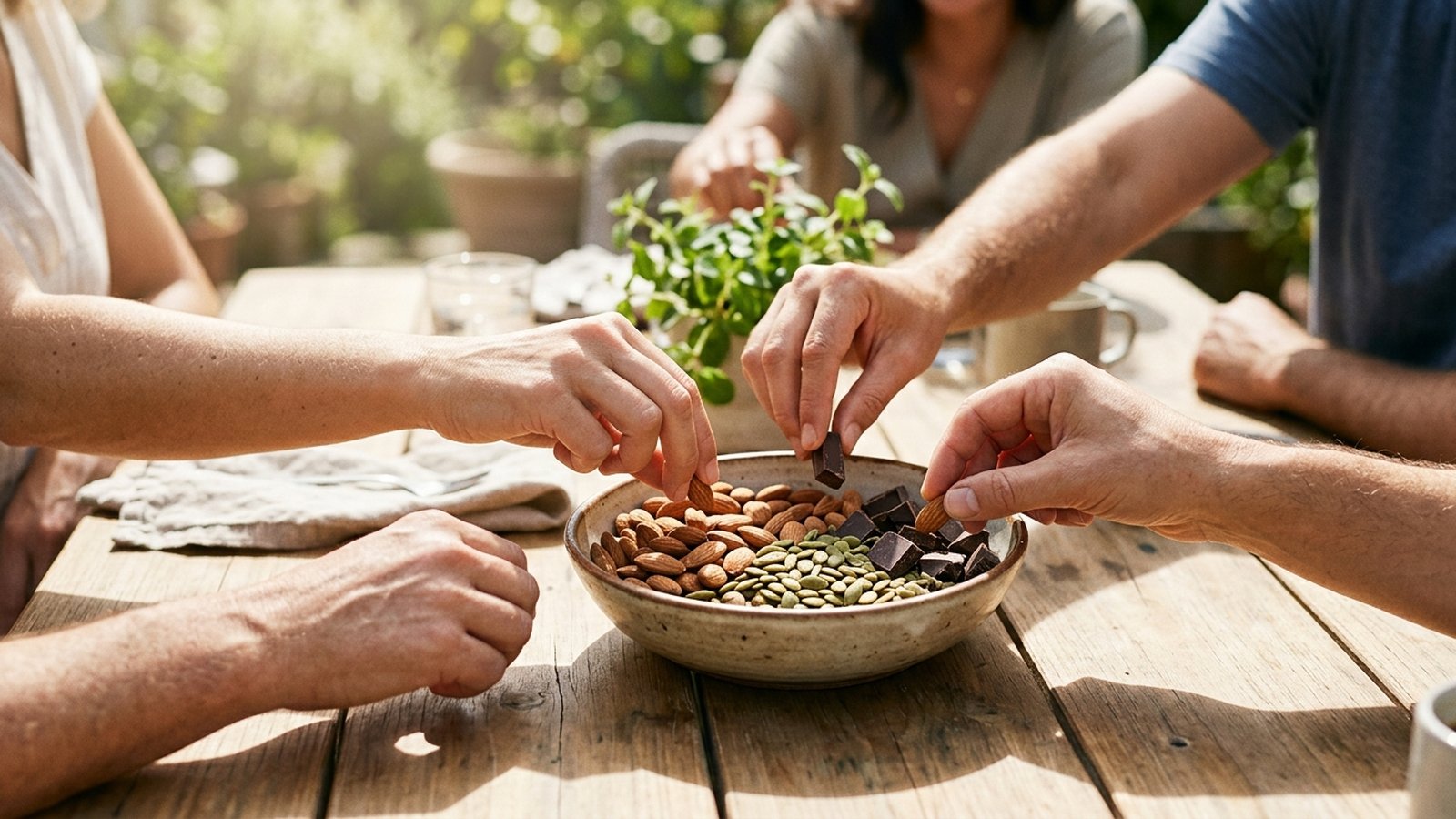 Hands reach into a bowl of almonds, seeds and dark chocolate on a sunny outdoor table.