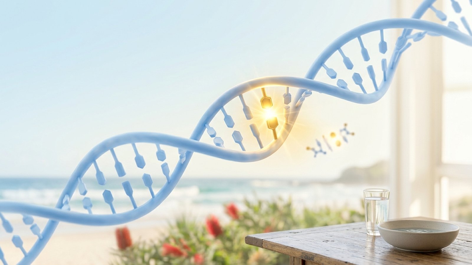 Scientific illustration of a DNA double helix with a single point highlighted in gold.