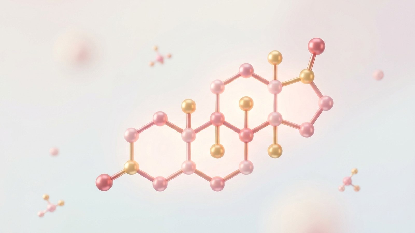 Scientific illustration of a steroid hormone molecule rendered in soft pink and gold spheres.