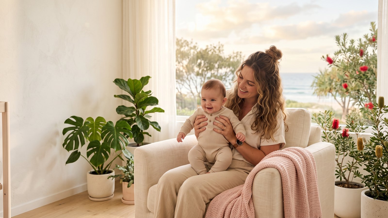 A mother smiles at her baby in a sunlit nursery filled with plants.