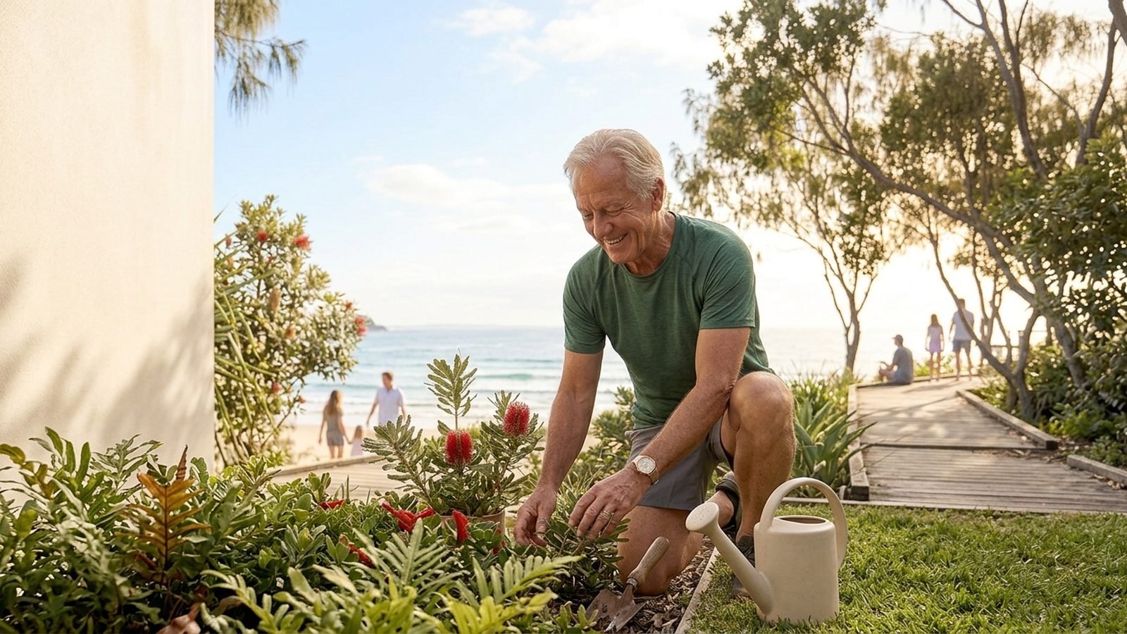 A man in his sixties tends a flower bed in a sunny garden.
