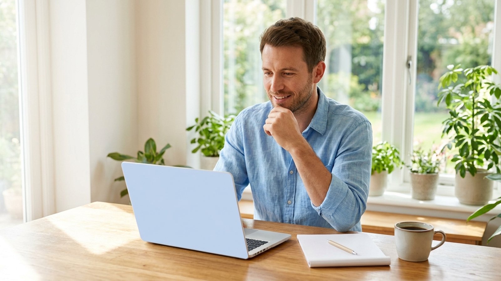 A man smiles at a laptop at a sunny kitchen table with a notepad and coffee beside him.