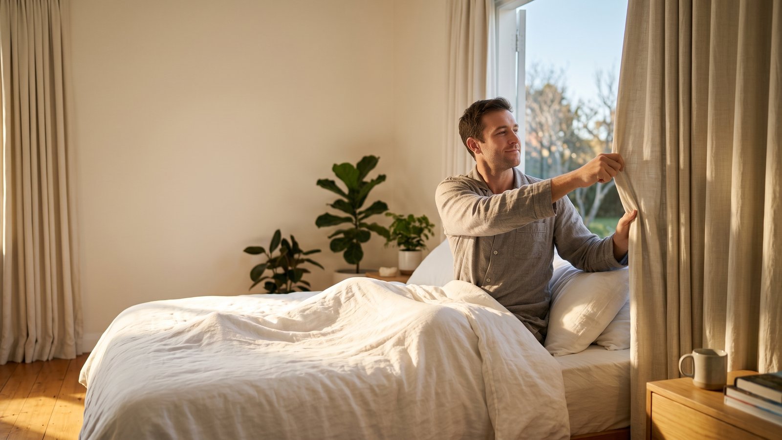 A man sits up in bed and opens the curtains to bright morning light.