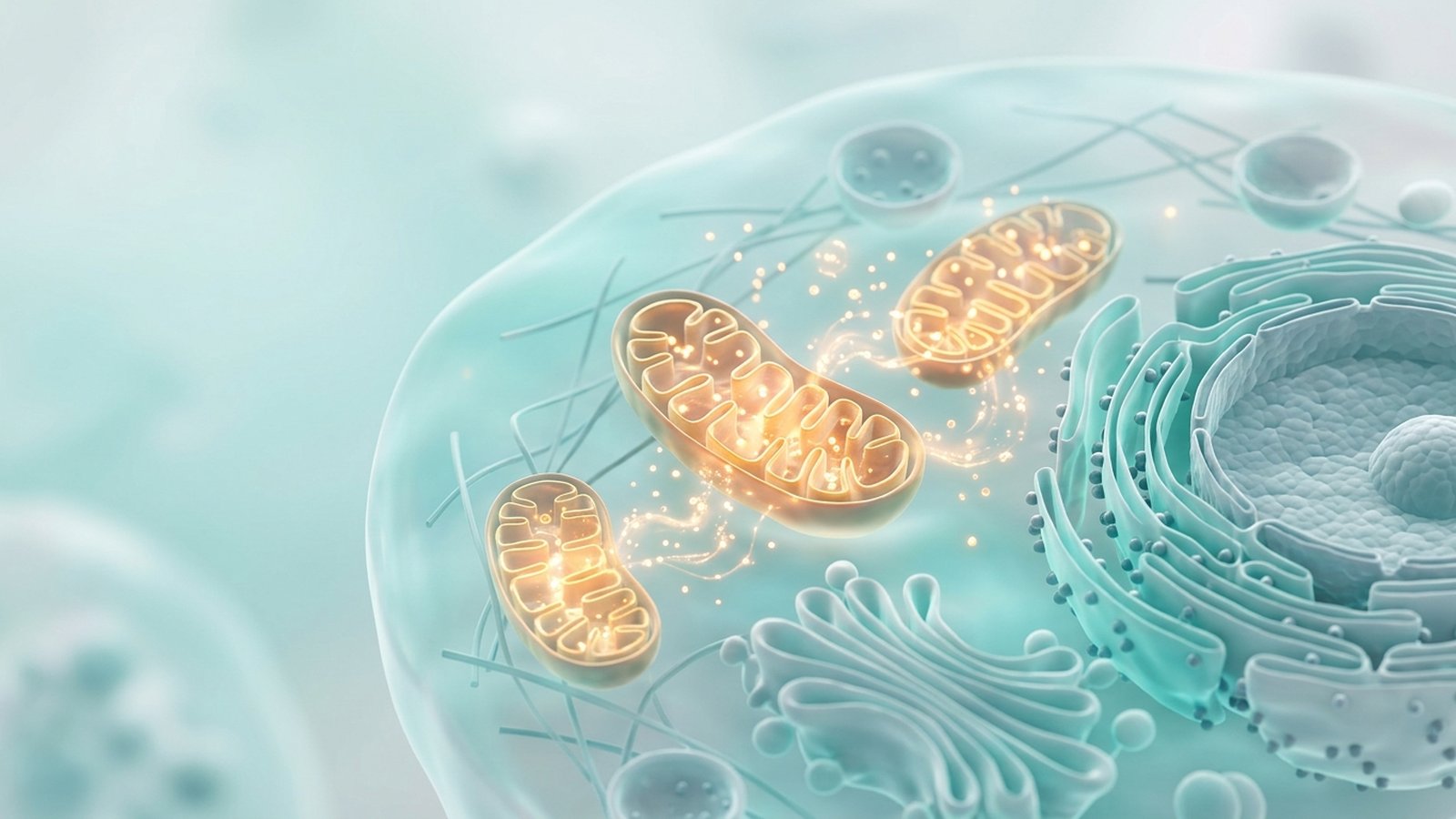 Scientific illustration of the inside of a cell with glowing mitochondria producing energy.