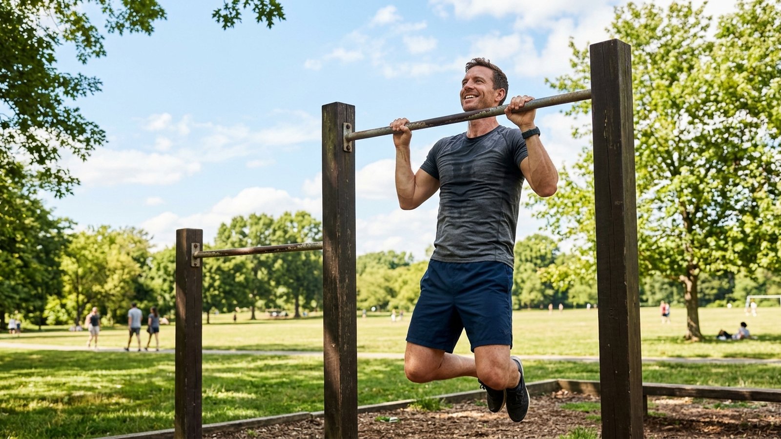 A man does pull-ups on an outdoor bar in a sunny park.