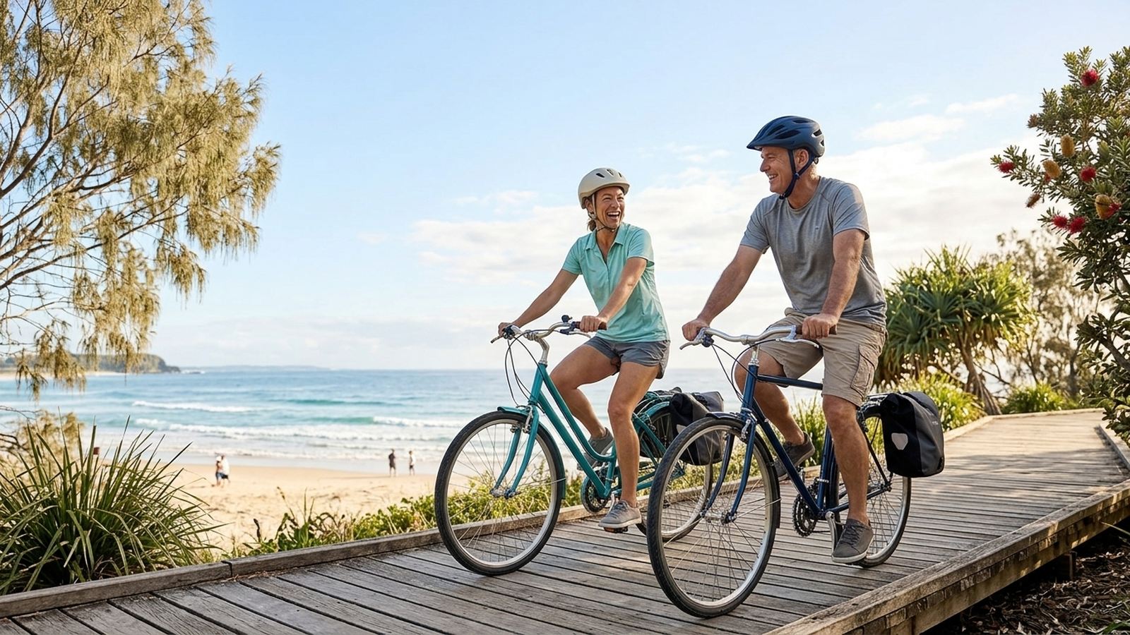 A middle-aged couple cycle side by side along a sunny coastal boardwalk.
