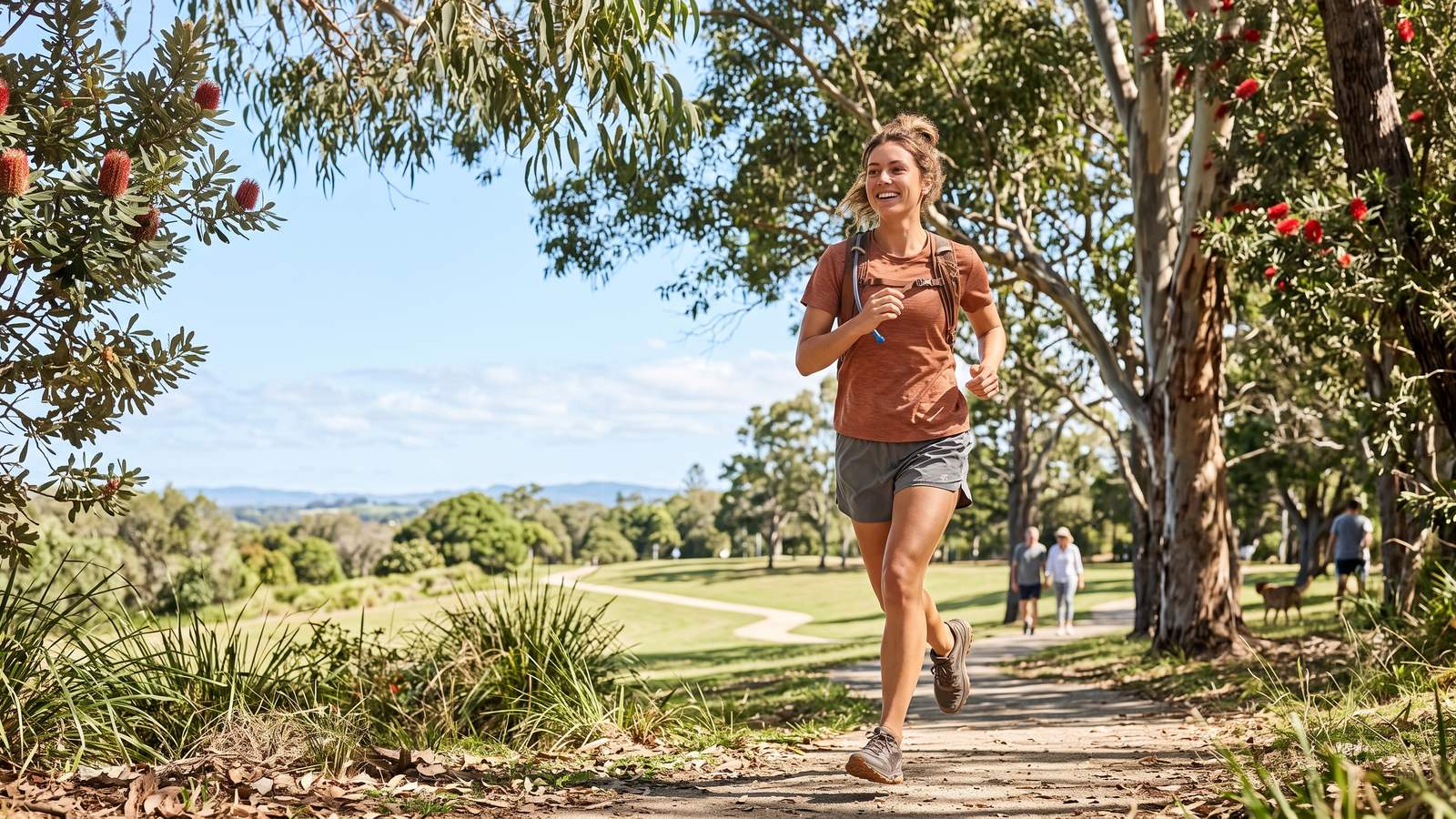 A woman jogs along a sunlit path through a park with gum trees and blue sky.