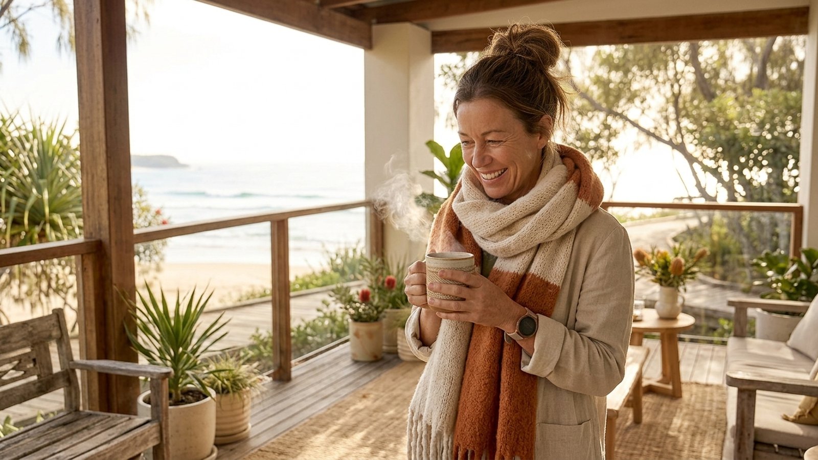 A woman wrapped in a scarf holds a steaming mug on a sunny porch.