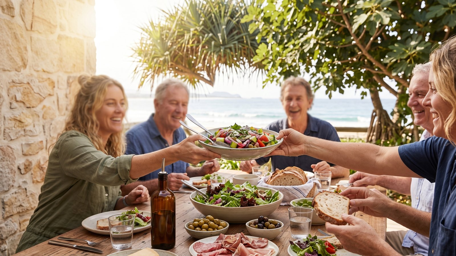 Friends pass a salad across an outdoor lunch table set with olive oil, bread and olives in dappled sun.