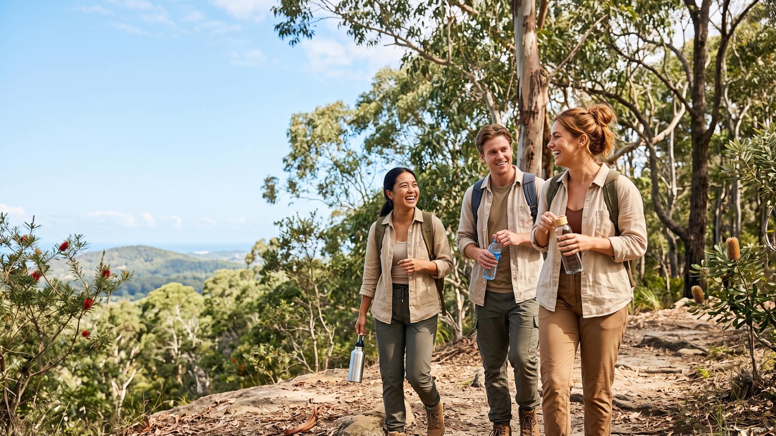 Three friends hike a sunny bush trail with water bottles in hand.