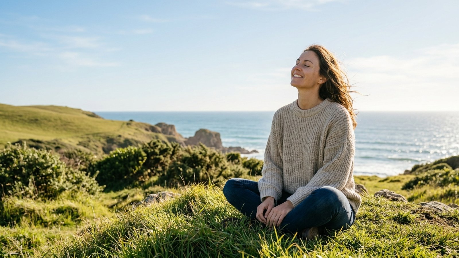 A woman sits on a grassy headland with her face tilted up to the morning sun.