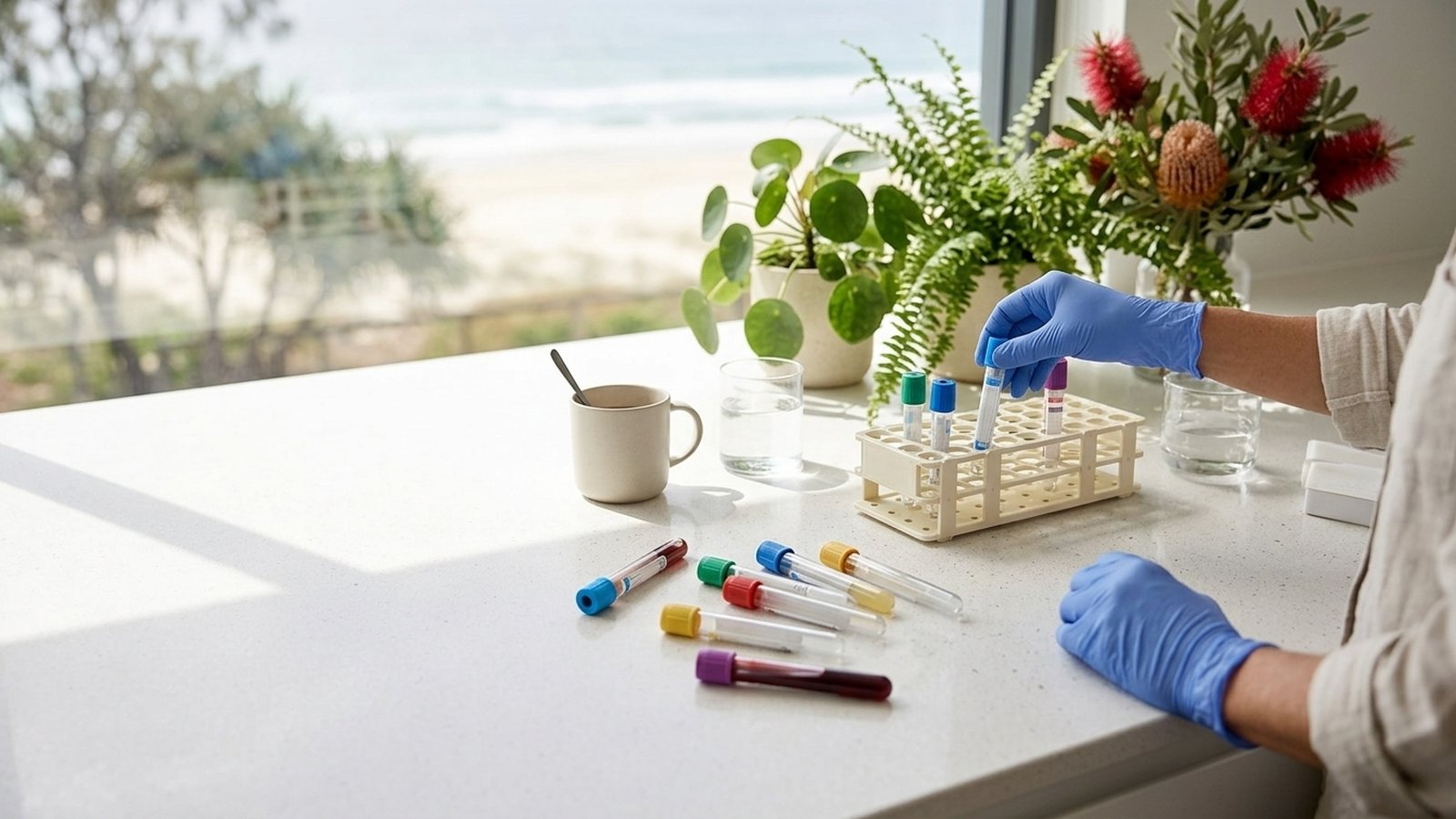 A gloved hand places a blood sample tube into a rack on a bright lab bench.